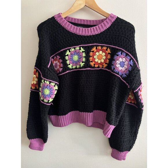Forever 21 Sweater Women L Floral Cropped Boxy Knit Granny Square Hippie Boho - Picture 1 of 12